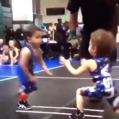 After he gets the takedown: "Hi Mommy"