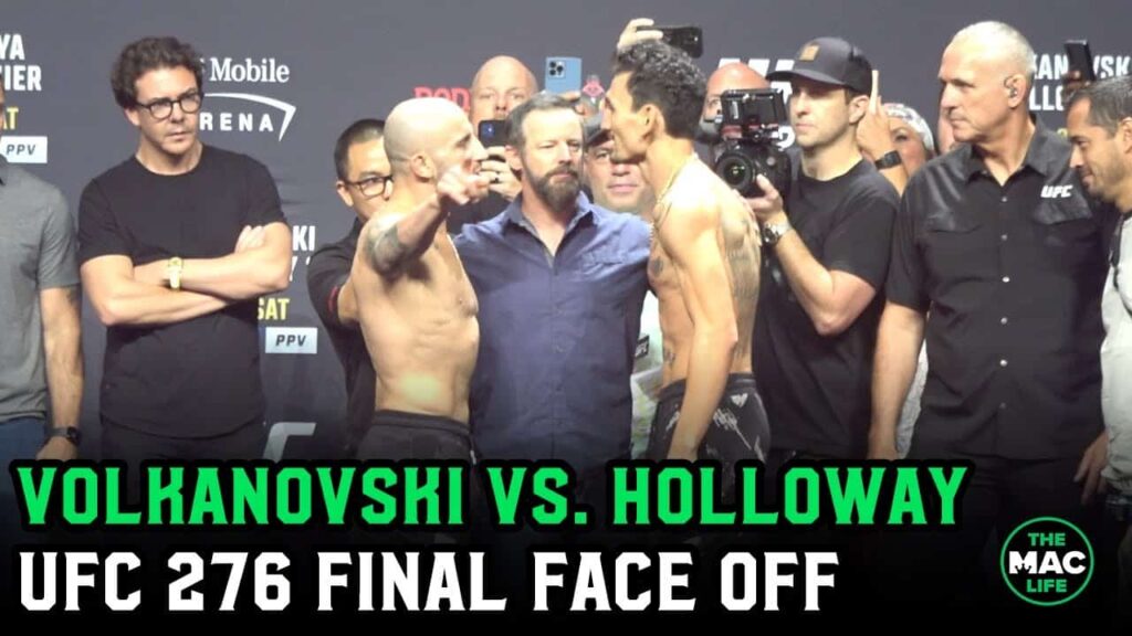 Alexander Volkanovski vs. Max Holloway jaw at each other during final face off