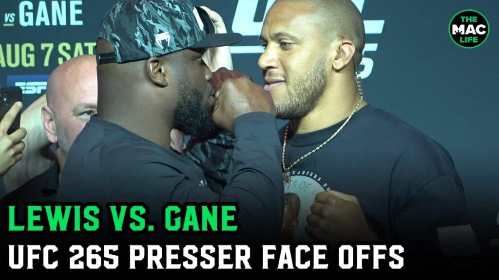 Derrick Lewis takes title belt during face off with Ciryl Gane | UFC 265 Press Conference