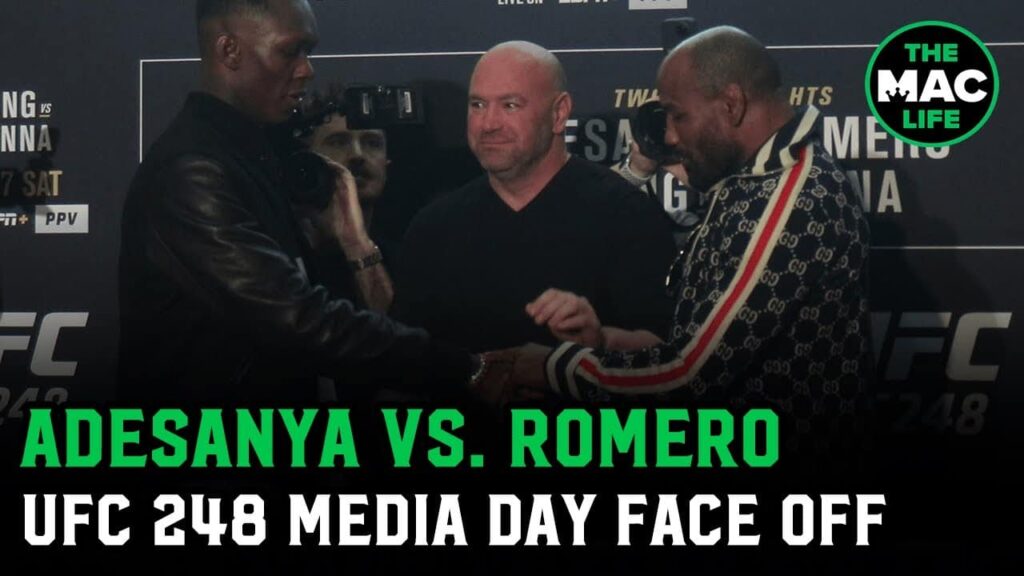 Israel Adesanya's watch catches Yoel Romero's attention during face off | UFC 248 Media Days