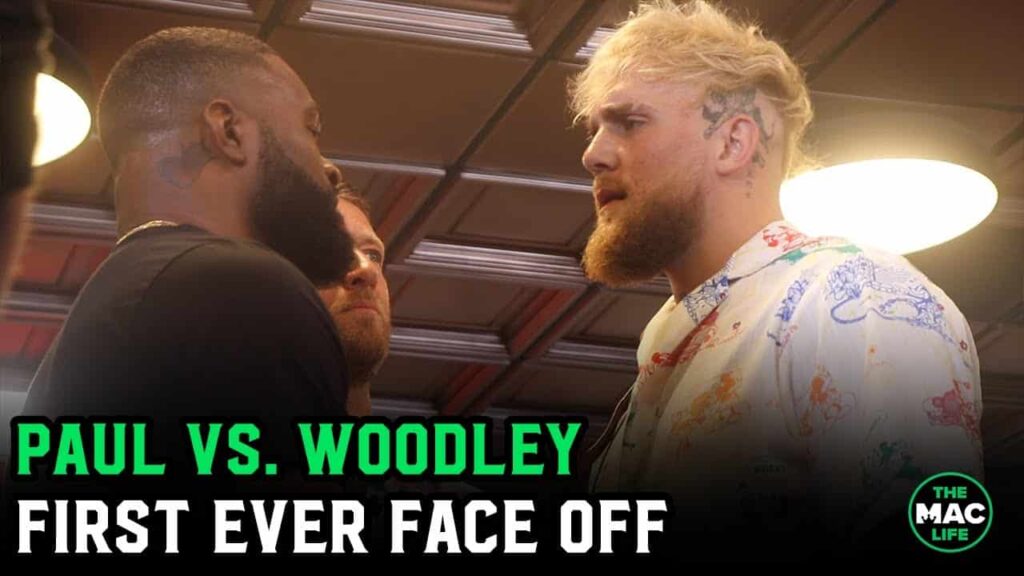 Jake Paul and Tyron Woodley spend 4 minutes talking s*** to each other's face during first face off