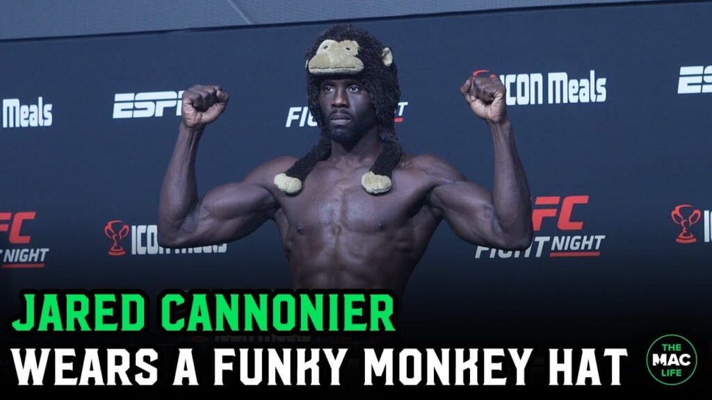 Jared Cannonier weighs-in with a monkey hat at official weigh-ins