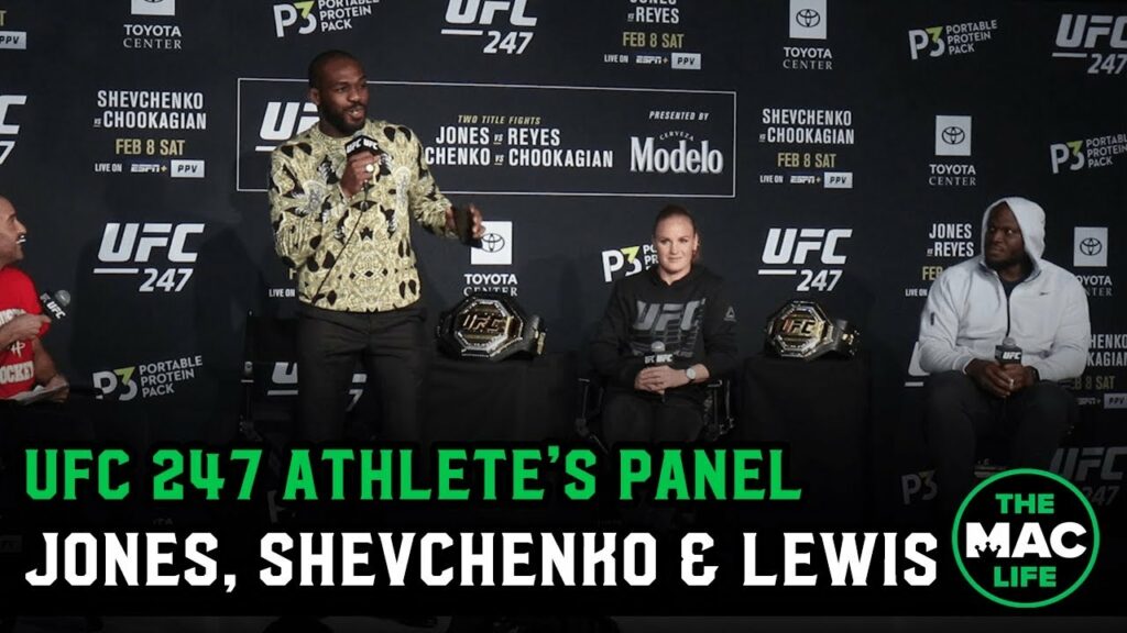Jon Jones arrives late to join Valentina Shevchenko & Derrick Lewis | UFC 247 Athlete’s Panel