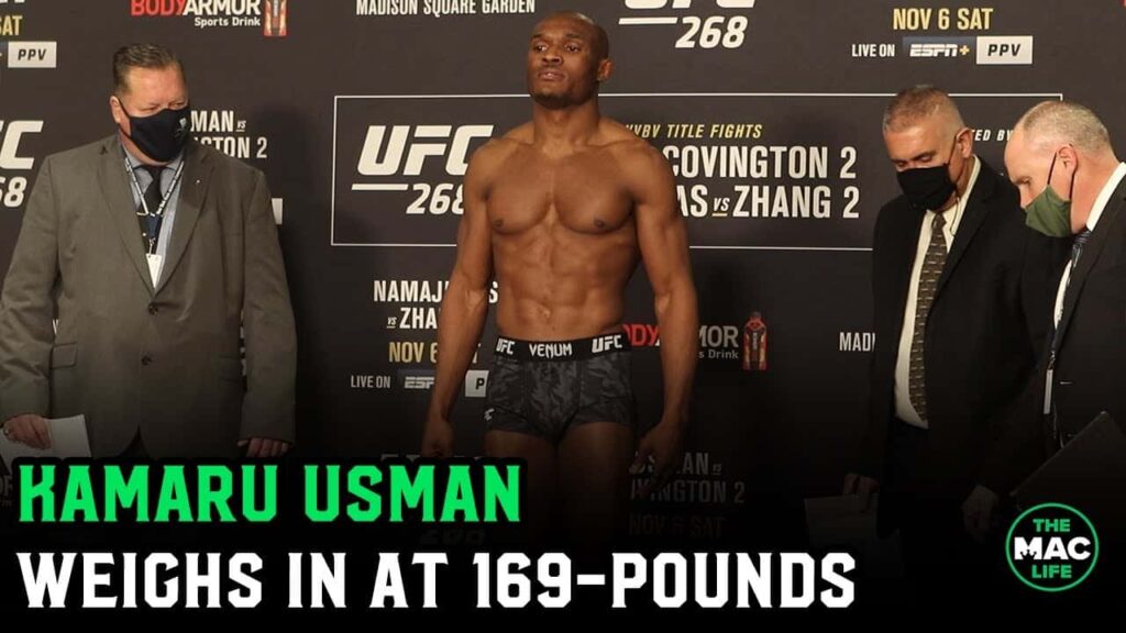 Kamaru Usman hits the scales first at 169-pounds for Colby Covington rematch