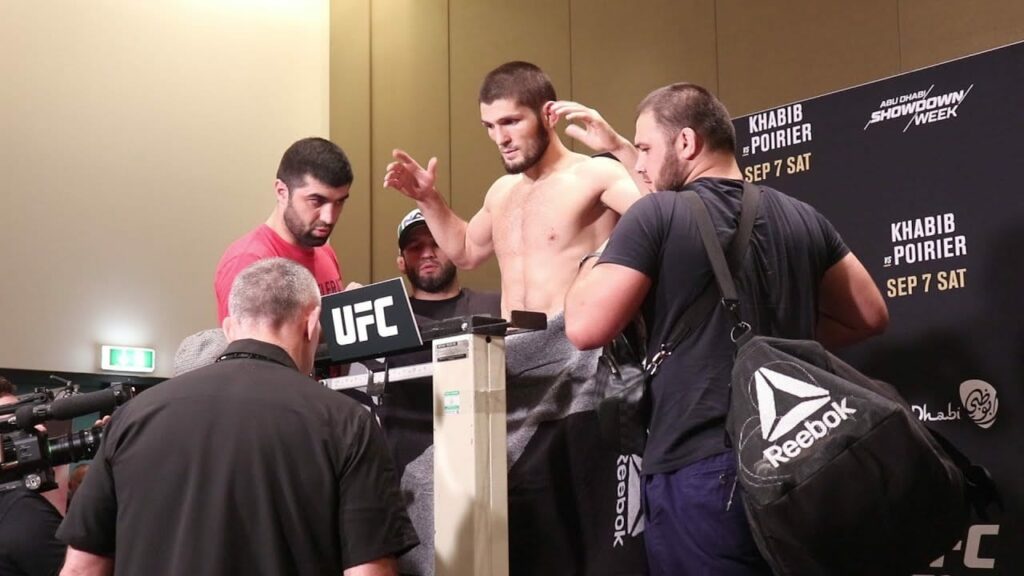 Khabib Nurmagomedov checks his weight ahead of UFC 242 weigh-ins
