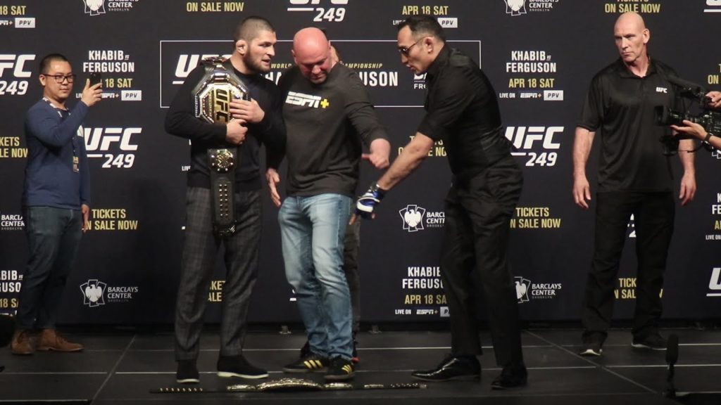 Khabib Nurmagomedov kicks Tony Ferguson’s UFC belt during face off | UFC 249 presser