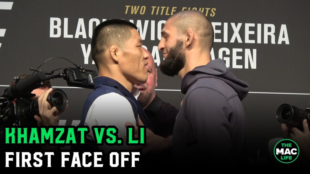Khamzat Chimaev and Li Jingliang won't look away during face off ahead of Chimaev's return