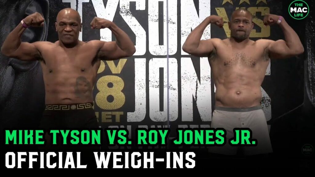 Mike Tyson and Roy Jones Jr. weigh-in ahead of their fight tomorrow