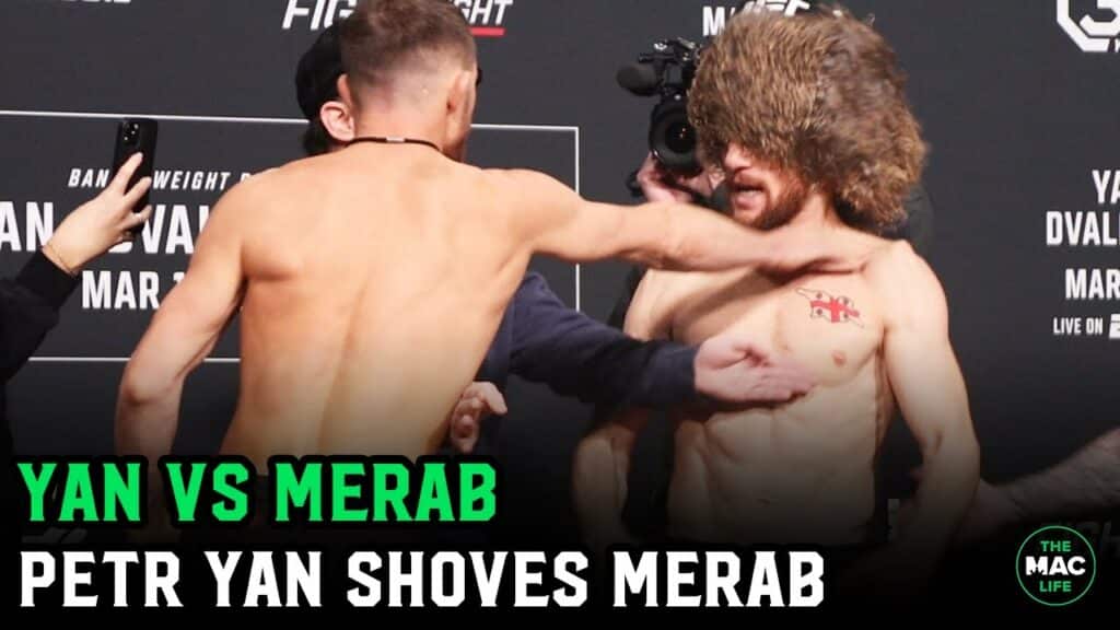 Petr Yan throat shoves Merab Dvalishvili after being called a b**** at final face off