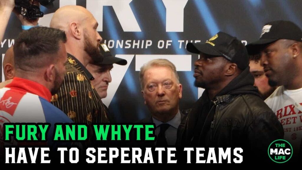Tyson Fury and Dillian Whyte have to separate teams as tempers flare at first face off